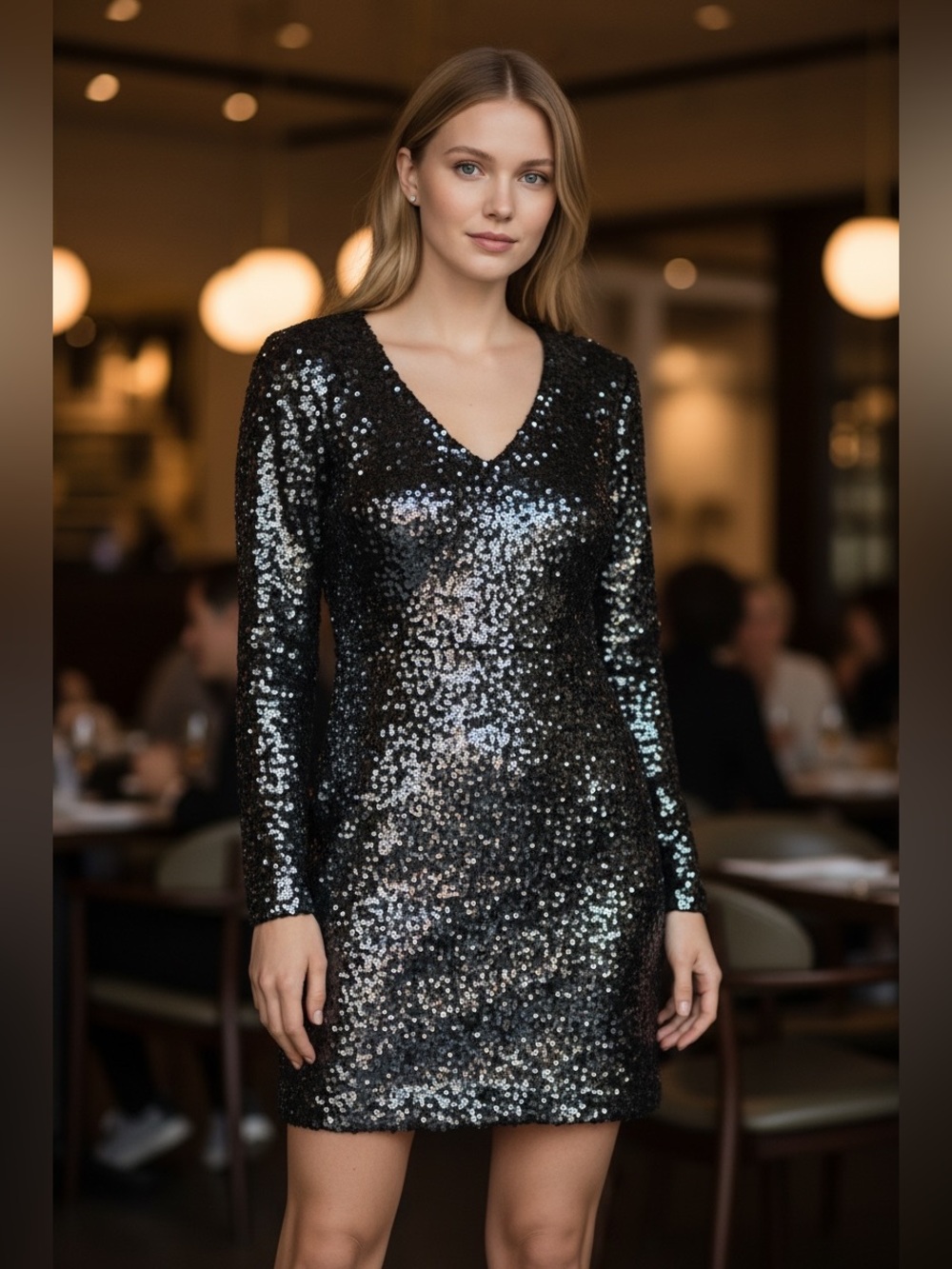 St. John New V Neck Long Sleeve Scales Sequin Embellished Mini Dress Size 6